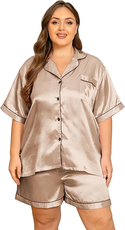 Vozanet Women's Short Sleeve Satin Pajama Sets Silky Ladies Button Down Loungewear Plus Size Nighty Shorts Sets XL to 5XL