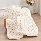 Negwoo Chunky Knit Throw Blanket, 60''*80'' Knitted Throw Chenille Yarn for Bed Couch, Handmade Cream Crochet Big Thick Blanket, Machine Washable Cute Comfy Blanket for Home Decor