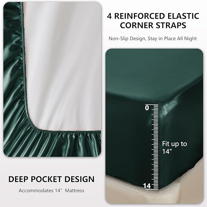 CozyLux Satin Sheets King Size Sheet Set - 4 Piece Silky King Sheets, Luxury Deep Teal King Bed Set with Smooth and Soft Microfiber, Includes 1 Fitted Sheet, 1 Flat Sheet and 2 Pillowcases