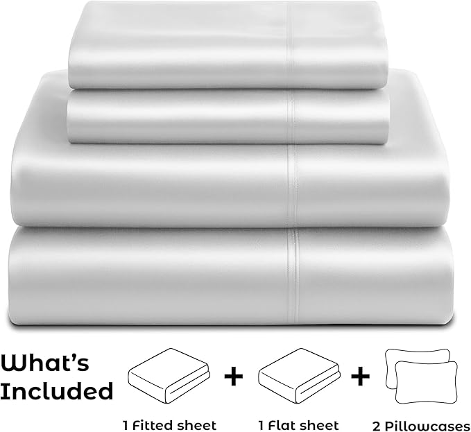 Satin Sheets California King [4-Piece, White] Luxury Silky Bed Sheets - Extra Soft 1800 Microfiber Sheet Set, Wrinkle, Fade, Stain Resistant - Deep Pocket Fitted Sheet, Flat Sheet, Pillow Cases
