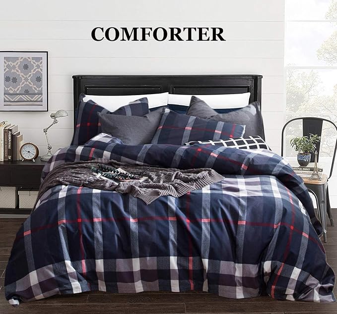 CLOTHKNOW Blue Plaid California King Comforter Set Buffalo Tartan Bedding Comforter Sets Soft Blue White Grey Grid Comforter with 2 x Pillow Cases
