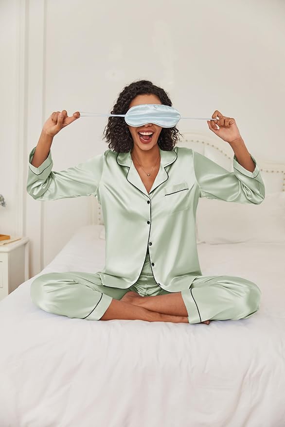 Ekouaer Women's Classic Button Down Long Satin Silk Pajama Set