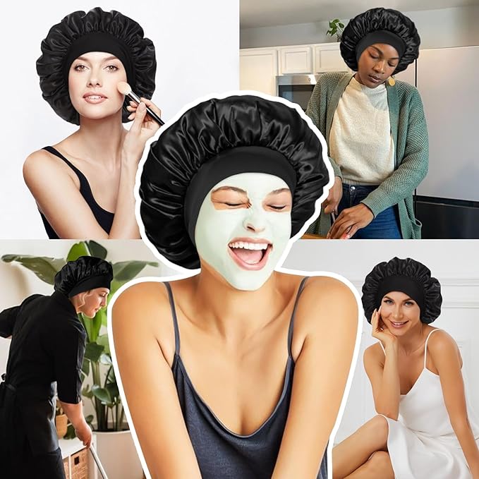 4Pcs Satin Bonnet Silk Bonnet, Hair Bonnet for Sleeping, Elastic Wide Band Sleep Cap, Soft and Breathable Silk Hair Wrap for Sleeping (Black Purple Pink Blue)