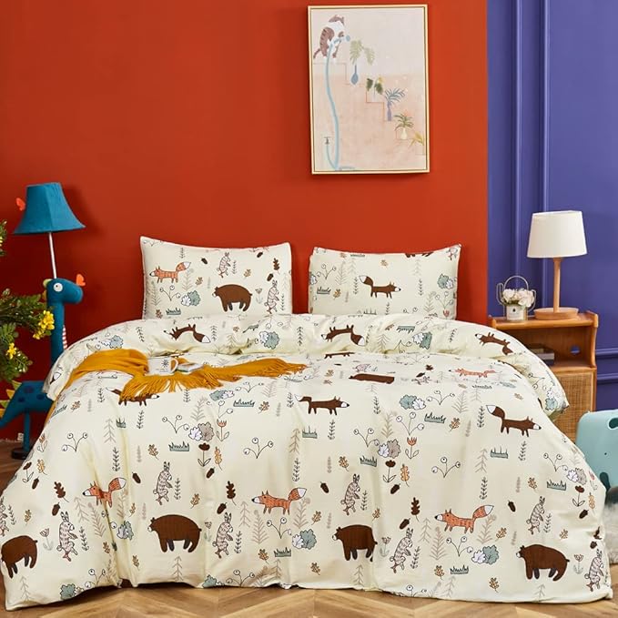 CLOTHKNOW Yellow Animal Comforter Sets Full Size Kids Bedding Comforter Sets Cartoon Fox Theme Woodland Forest Bedding with 2 x Pillow Cases