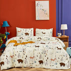 CLOTHKNOW Yellow Animal Comforter Sets Full Size Kids Bedding Comforter Sets Cartoon Fox Theme Woodland Forest Bedding with 2 x Pillow Cases