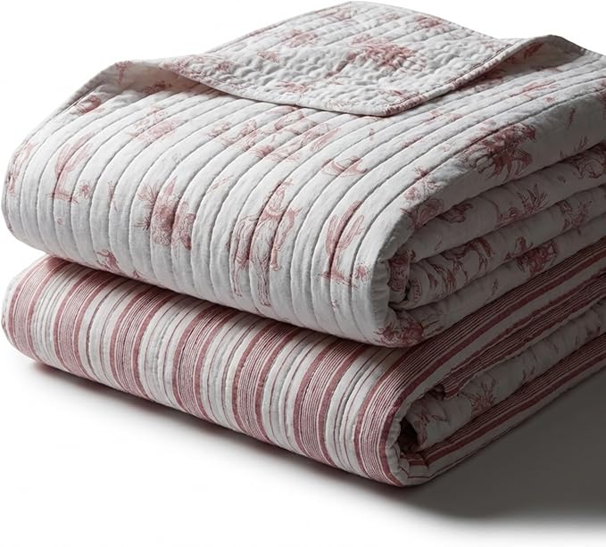 Rod's True Western Dusty Rose Cowgirl King Quilt, Reversible Pink and White Western Toile Bedding, Lightweight 100% Cotton Bedspread, 106x92 Inch