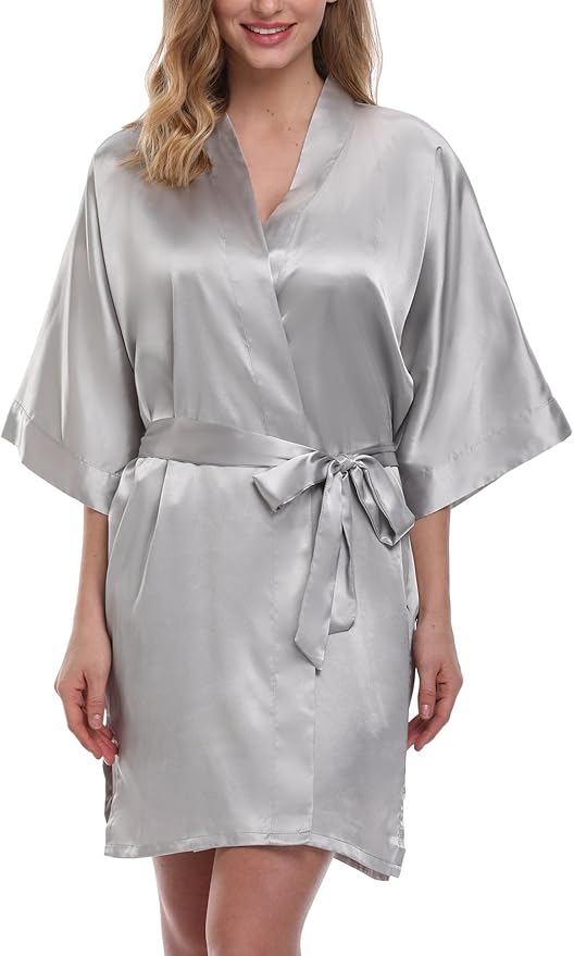 Women's Pure Color Satin Kimono Robe Short Bridesmaids Robe Dressing Gown