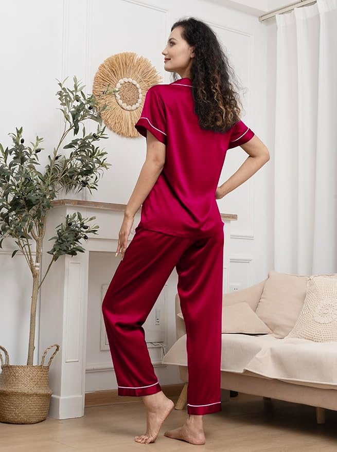 WJing Yi Jia Womens Pajamas Set XS-4XL Floral Silk Satin Pajama Sets Silky Pj Sets 2Pcs Loungewear Sleepwear Button Down Pjs