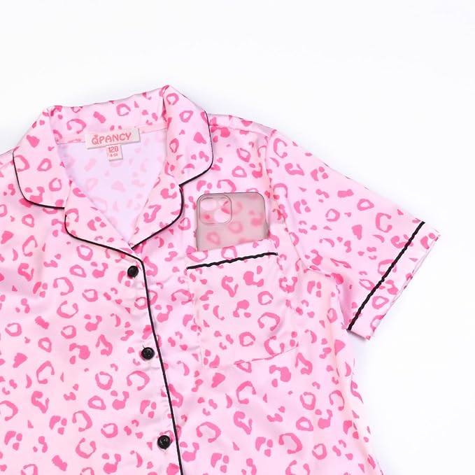 QPANCY Kids Satin Pajamas Sets Baby Boy Girl Button-Down Silk Sleepwear 2 Piece Short Sleeve Loungewear Clothes Set