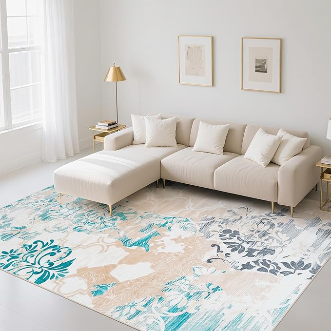 CRYPTOLITE Area Rugs 8x10 Rug for Living Room Abstract Washable Rug with Non-Slip Backing Low Pile Area Rug for Bedroom, Dining Room, Beige