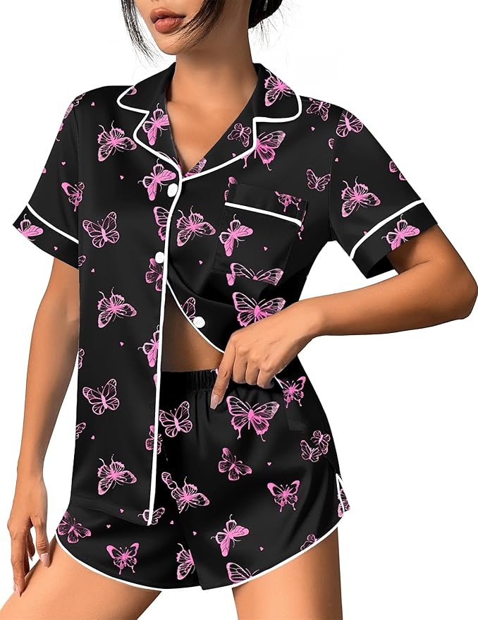 Ekouaer Womens Silk Satin Pajama Set Print Short Sleeve Sleepwear Button Down Pjs Shorts Set Loungewear