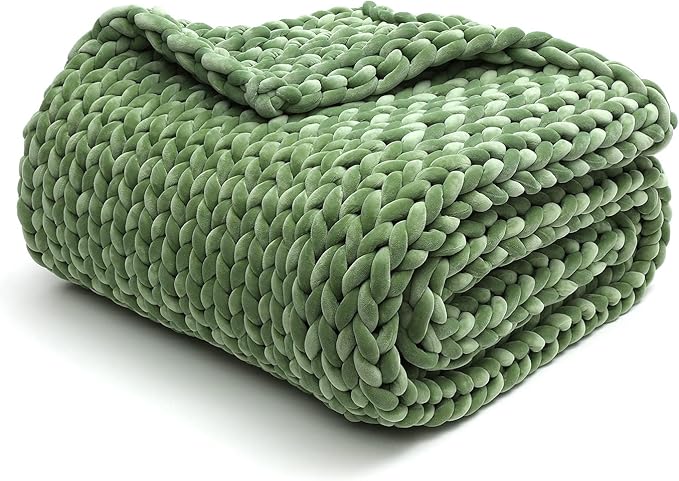 YnM Velvet Weighted Blanket, Handmade Chunky Knitted Design, Soft and Cozy, Temperature Regulating and Breathable, Machine Washable Throw for Sleep or Home Decor (Avocado Green, 60x80 Inch, 20lbs)