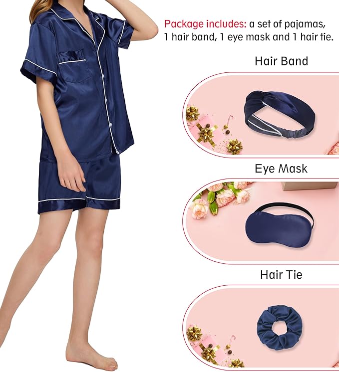 EPLAZA Kids Satin Pajamas Sets Girls Boys Button-Down Silky Pajamas Sleepwear with Hairband Eye Mask Hair Tie