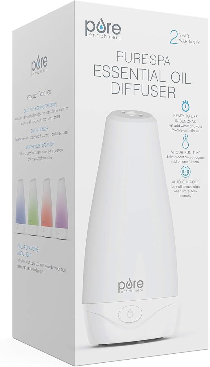 Pure Enrichment® PureSpa™ Essential Oil Diffuser - Compact Ultrasonic Aromatherapy Diffuser, Natural Air Deodorizer, 100ml Water Tank, and Optional Mood Light - Lasts Up to 7 Hours with Auto Shut-Off