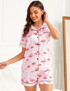 SWOMOG Womens Silk Satin Pajamas Set Short Sleeve Sleepwear Button Down Top and Shorts Loungewear 2 Piece Pjs Set XS-3XL