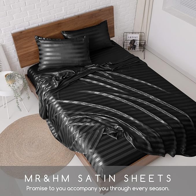 MR&HM Satin Bed Sheets, Queen Size Sheets Set, 4 Pcs Silky Bedding Set with 15 Inches Deep Pocket for Mattress (Queen, Black Striped)