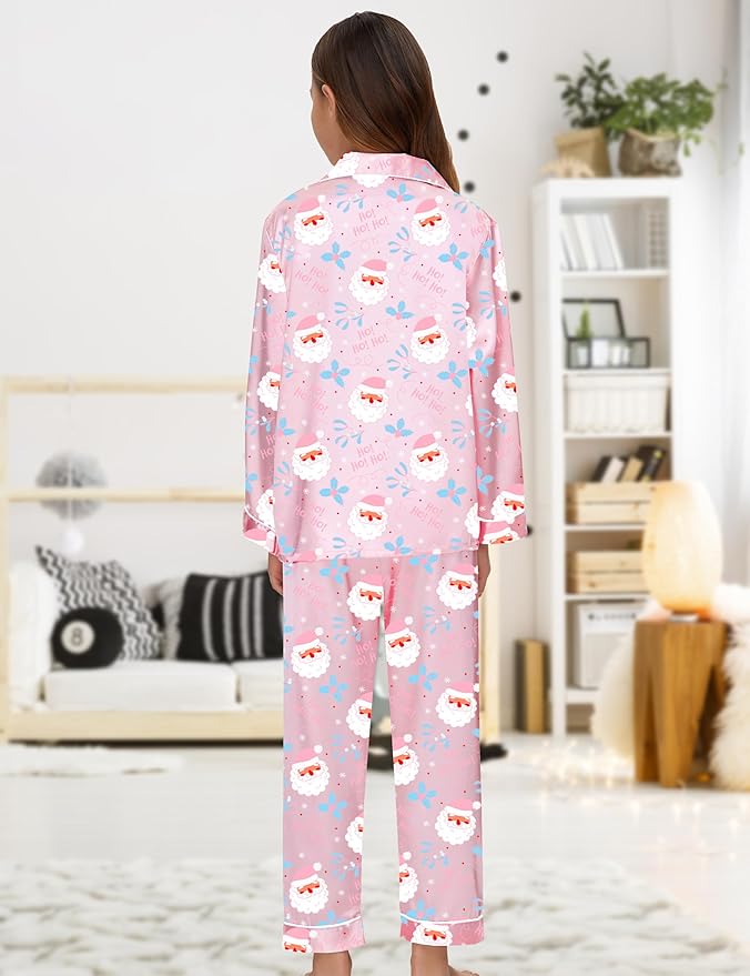 EPLAZA Kids Satin Pajamas Sets Girls Boys Button-Down Silky Pajamas Sleepwear with Hairband Eye Mask Hair Tie