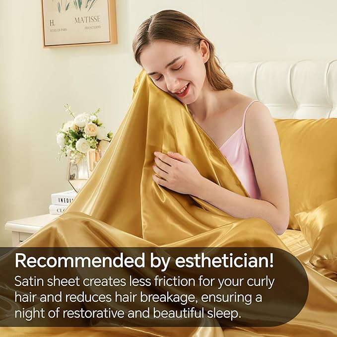 BEDELITE Satin Sheets Queen Size Bed Set, Luxury Soft Gold Silky Sheets for Hair and Skin, Similar to Silk Bed Sheets Set 4 Pieces with 1 Deep Pocket Fitted Sheet, 1 Flat Sheet, and 2 Pillowcases