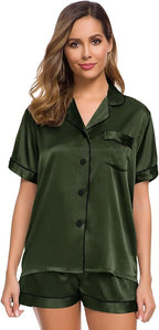 SWOMOG Womens Silk Satin Pajamas Set Short Sleeve Sleepwear Button Down Top and Shorts Loungewear 2 Piece Pjs Set XS-3XL