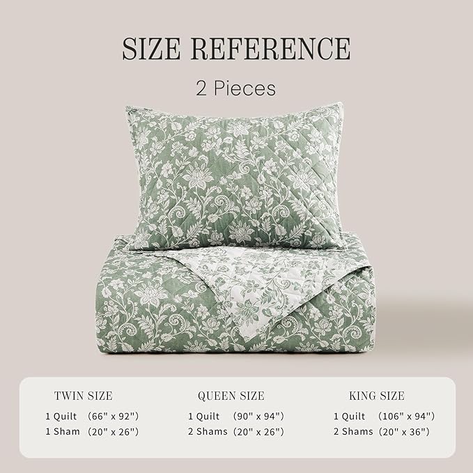 BLOOMHAVEN Quilt Set Twin Size, Green Floral Quilt Sets, Reversible Bedspread Lightweight and Breathable for All Seasons, Soft Quilted Bedspread with 1 Pillow Sham