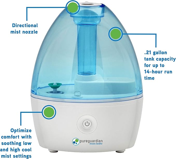Pure Guardian H910BL Ultrasonic Cool Mist Humidifier, 14 Hrs. Run Time, 210 Sq. Ft. Coverage, Small Rooms, Quiet, Filter Free (Pack of 2)