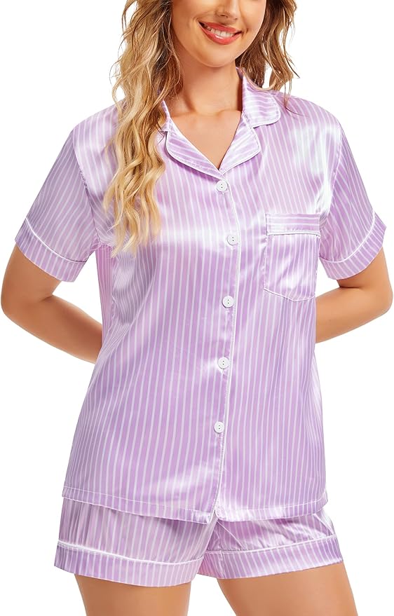 SWOMOG Womens Silk Satin Pajamas Set Short Sleeve Sleepwear Button Down Top and Shorts Loungewear 2 Piece Pjs Set XS-3XL