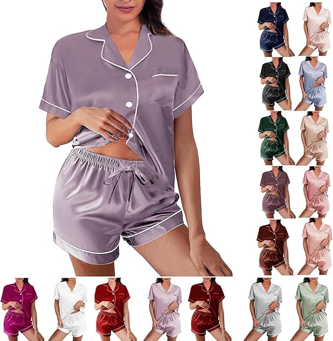 WJing Yi Jia Womens Silk Satin Pajamas Loungewear Two-Piece Sleepwear Button-Down Floral Pj Set XS-4XL