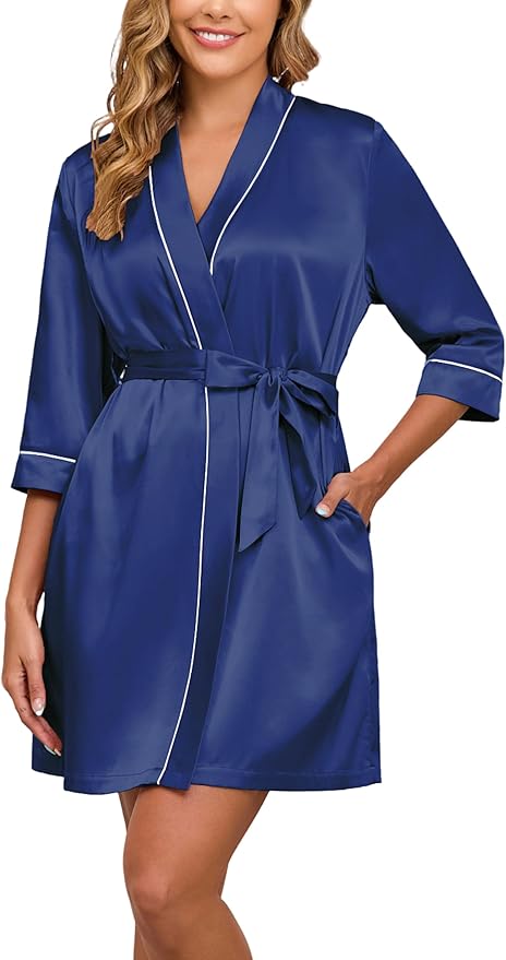 Veseacky Women's Satin Robe Knee Length V Neck Lightweight Silky Bathrobe Casual Loungewear Sleepwear with Waist Tie