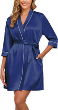 Veseacky Women's Satin Robe Knee Length V Neck Lightweight Silky Bathrobe Casual Loungewear Sleepwear with Waist Tie