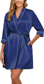 Veseacky Women's Satin Robe Knee Length V Neck Lightweight Silky Bathrobe Casual Loungewear Sleepwear with Waist Tie