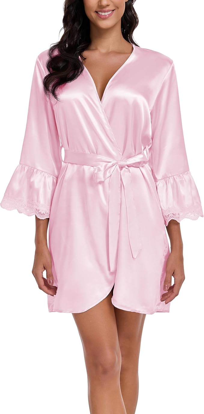 Lace Trim Satin Robes for Women Bride Bridesmaid Silky Kimono Robe Valentines Lingerie with Bell Sleeves