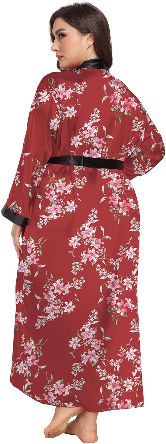Womens Plus Size Silky Satin Kimono Robe Floral Long Bathrobe Wedding Sleepwear Dressing Gown