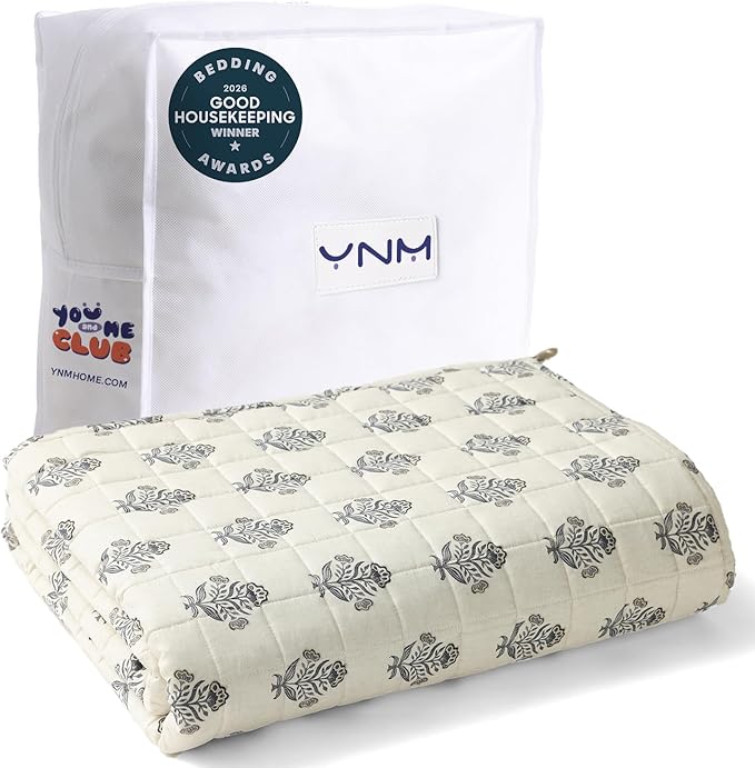 YnM King Size Linen Weighted Blanket for Adults (88x104 Inches, 15 Pounds, Damask), Exclusive Smallest Compartments, Heavy Bed Blanket for Two Persons of 70~140lbs on Queen or King Bed