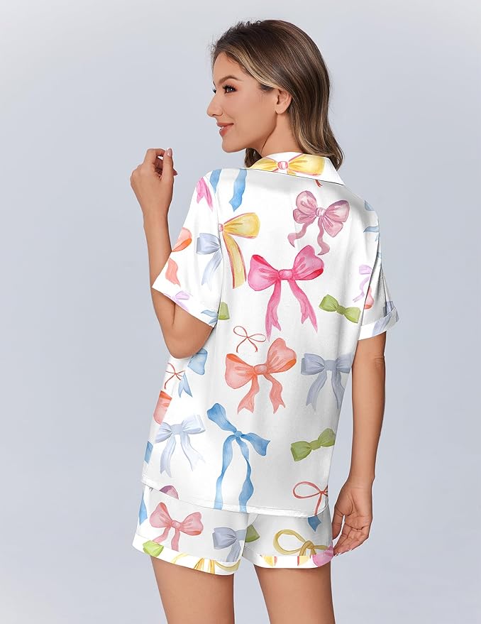Ekouaer Womens Silk Satin Pajamas Set Animals Print Pjs Button Down Short Sleeve Lounge Set 2 Piece Sleepwear