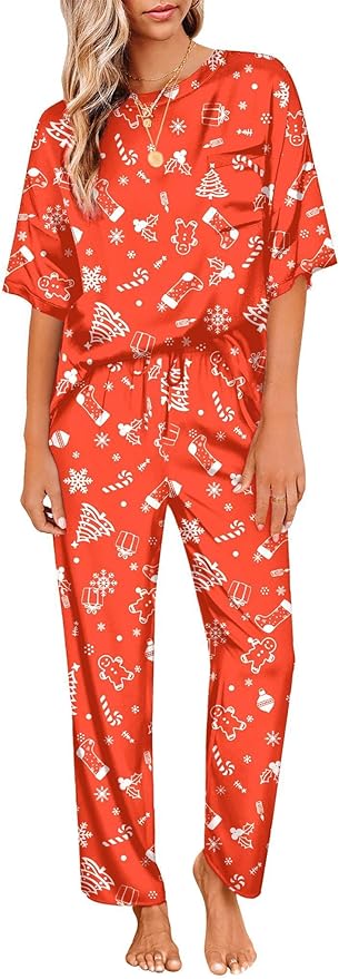 Ekouaer Womens Satin Silky Pajama Set Short Sleeve Shirt with Long Pajama Pant Set Soft PJ Loungewear