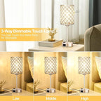Hong-in Champagne Gold Lamps for Night Stands-Crystal Table Lamp with USB-C+A & AC Charging Ports, 3-Way Dimmable Nightstand Touch Lamp, Bedside Desk lamp for Bedroom Living Room Home Office