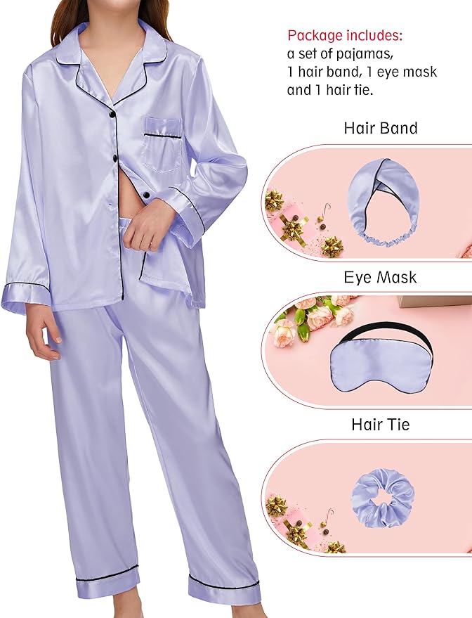 EPLAZA Kids Satin Pajamas Sets Girls Boys Button-Down Silky Pajamas Sleepwear with Hairband Eye Mask Hair Tie