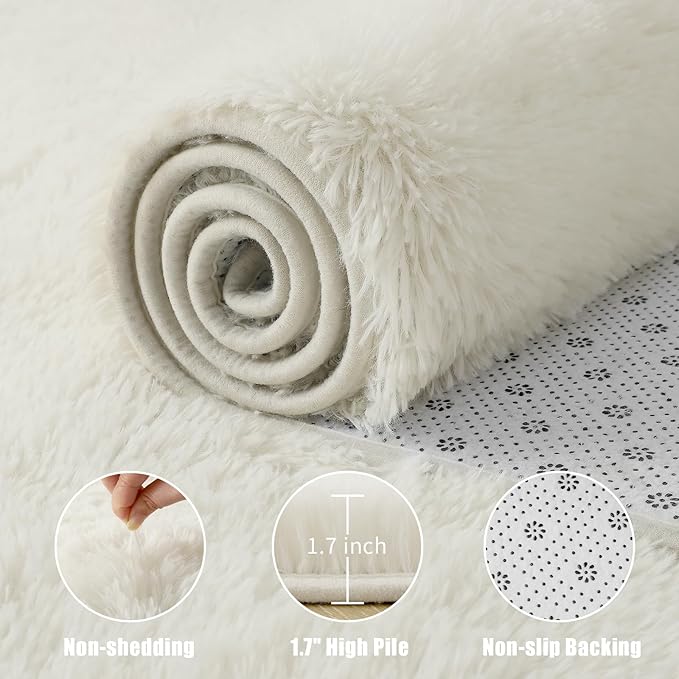 Macgace Fluffy Area Rugs for Bedroom Decor Aesthetic, 3x5 Cream White Shag Rug with Non-Slip Backing for Living Room, Soft Washable Fuzzy Carpet Modern Home Decor for Kids Nursery Girls Room