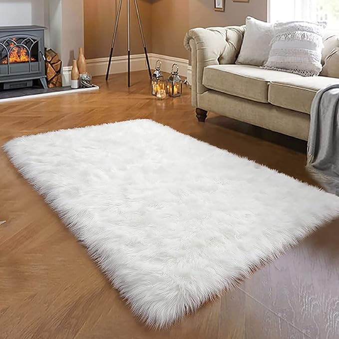 White Faux Fur Rug 3x5 Faux Sheepskin Rugs for Living Room Fluffy Washable Area Rugs for Bedroom Nursery Room Luxury Room Decor Furry Fuzzy Rug Rectangle Carpet