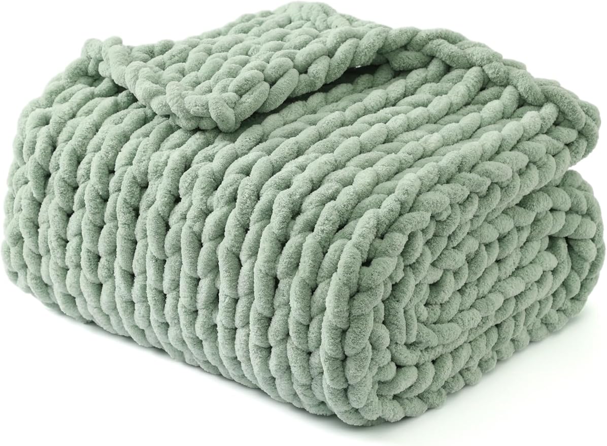 YnM Chunky Throw Blanket, Medium-Weight, Hand Knitted with Chenille Yarn, Skin Friendly, Ventilated and Breathable, Machine Washable, Home Décor Piece for Couch, Sofa and Bed (Sage Green, 60x80 Inch)