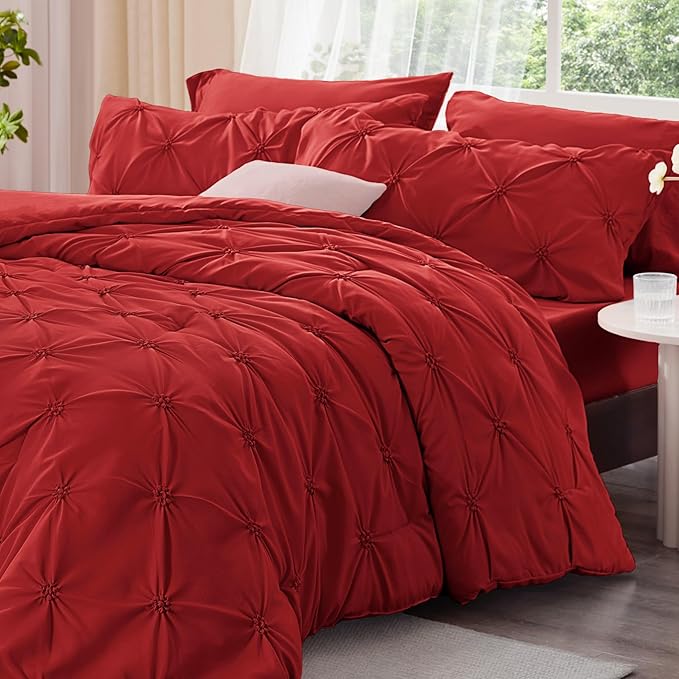 BEDELITE Red Queen Comforter Set - 3 Pieces Boho Pintuck Bedding Comforter Sets, Lightweight Soft & Warm Bed Comforter Queen with 2 Pillowcases for All Season