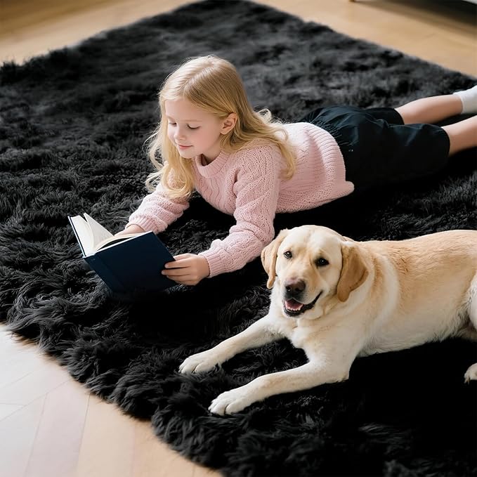 Shag Black Rug, 4x6 Area Rug for Dorm Bedroom Living Room, Non-Slip Ultra Fluffy Soft Area Rugs for Kids Room, Girls Room, Study, Office, Playroom, Easy to Clean, Modern Carpet Décor
