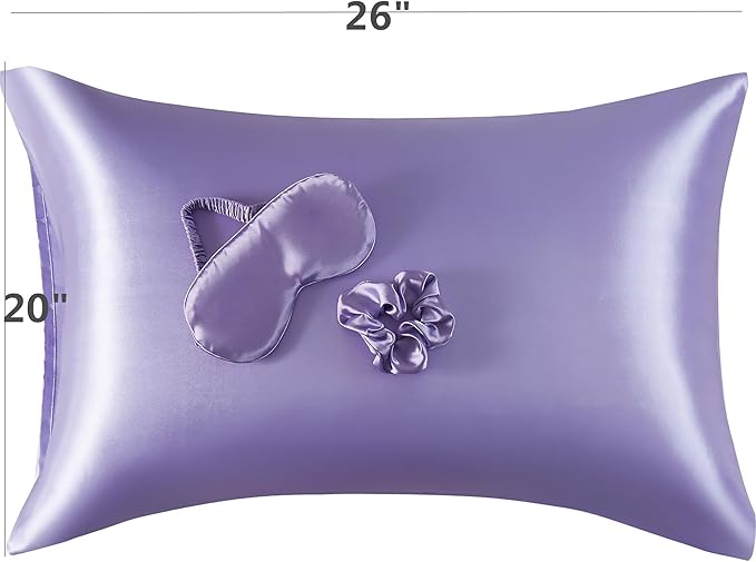 Purple Satin Pillowcase for Hair and Skin, Super Soft Vegan Silk Sleep Set-2 Satin Pillow Cases Standard Size, 1 Eye Mask, 1 Scrunchie, Self Care Essential Satin Night Routine Kit