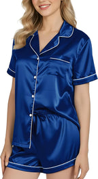 NY Threads Women's Silk Satin Pajamas Set Button Down Top and Shorts 2 Piece Sleepwear Loungewear Pjs Set
