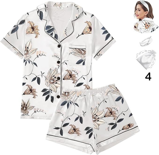 WJing Yi Jia 4Pcs Womens Satin Silky Pajama Sets Short Sleeve Shirt XS-4XL Floral Pajamas Set Soft PJ Loungewear Sleepwear