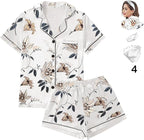 WJing Yi Jia 4Pcs Womens Satin Silky Pajama Sets Short Sleeve Shirt XS-4XL Floral Pajamas Set Soft PJ Loungewear Sleepwear