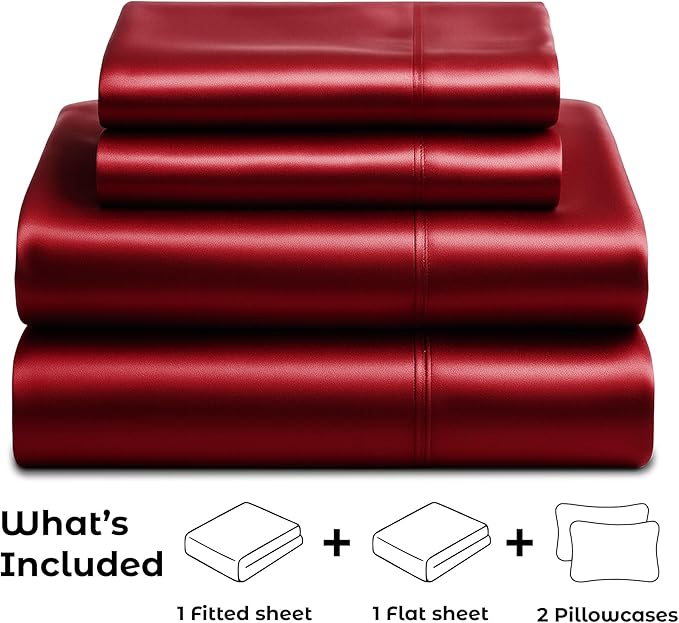 Satin Sheets Queen [4-Piece, Burgundy] Hotel Luxury Silky Bed Sheets - Extra Soft 1800 Microfiber Sheet Set, Wrinkle, Fade, Stain Resistant - Deep Pocket Fitted Sheet, Flat Sheet, Pillow Cases