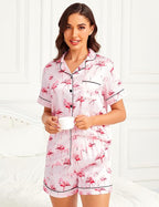 SWOMOG Womens Silk Satin Pajamas Set Short Sleeve Sleepwear Button Down Top and Shorts Loungewear 2 Piece Pjs Set XS-3XL