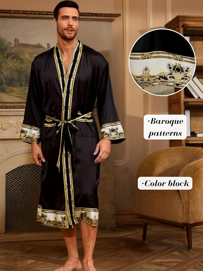 ChiaoLezhee Men's Luxury Silky Robe & Shorts Set, 2PC Lightweight Satin Pajamas with Pockets, Opulent Baroque Kimono Gifts