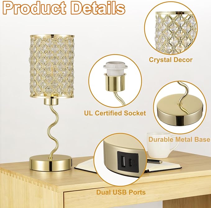 EOEYYOYB Crystal Table Lamp with 3 Way Dimmable Touch Control, Nightstand with USB A+C Ports, Modern Bedside Touch Lamp for Bedroom, Living Room, Office Reading, Gold